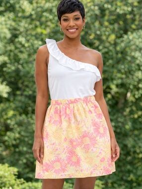 Lilly Pulitzer Dionne One Shoulder Ruffle Dress Pink Yellow Floral Size M Resort
